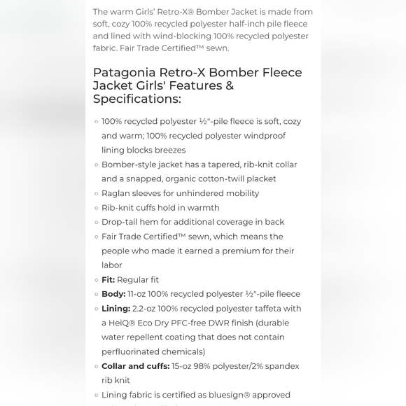 Nwt girls patagonia retro-x bomber jacket coat - Picture 7 of 7